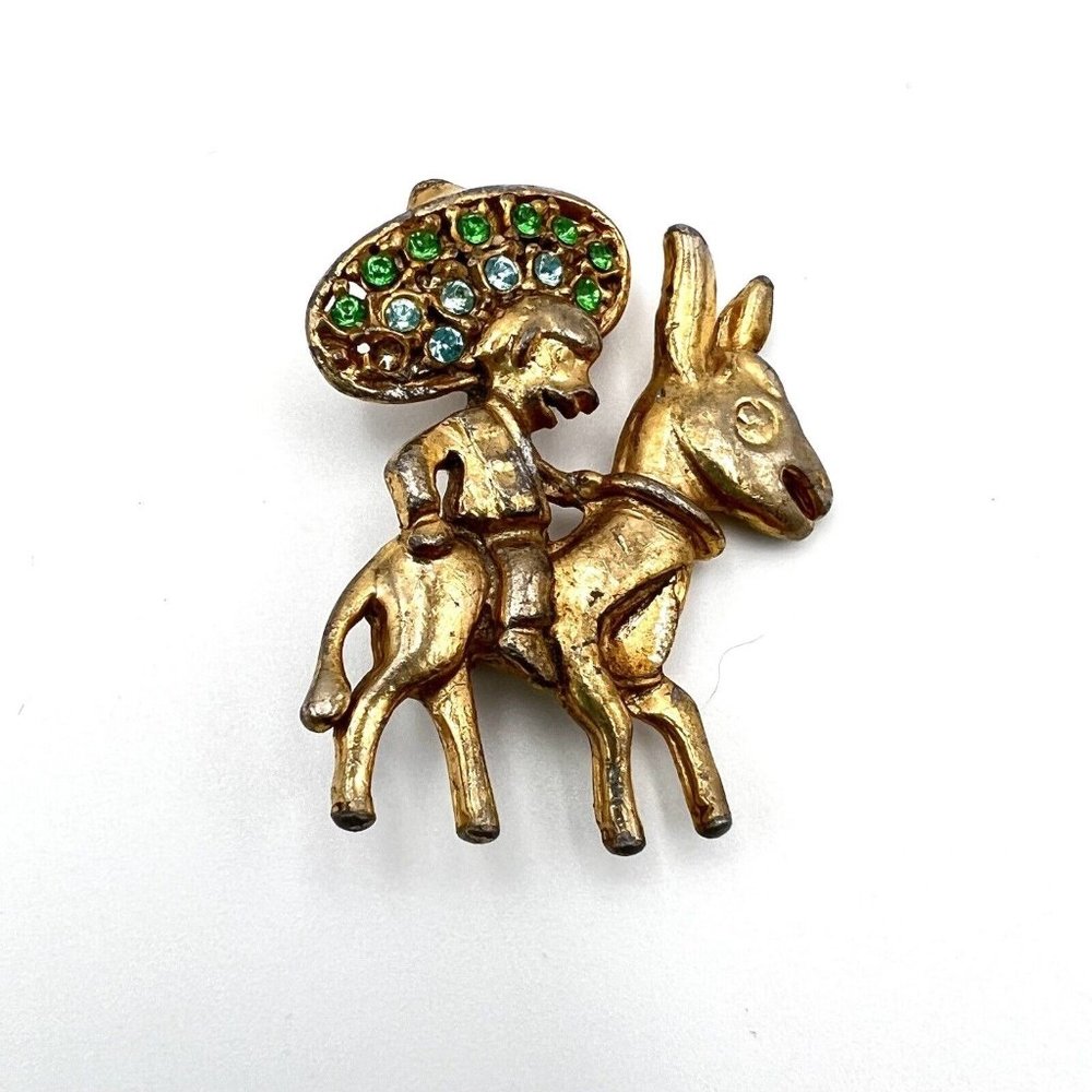 Vintage Gold Tone Figural Man W/Sombrero on Donkey Mule Burro Ass Brooch Pin